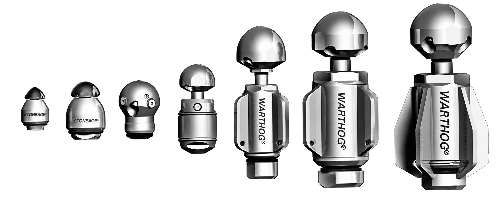 A range of StoneAge Warthog sewer cleaning nozzles